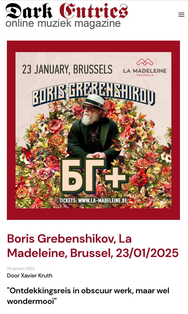 Article Internet. Boris Grebenshikov, La Madeleine, Brussel, 23-01-2025. door Xavier Kruth. 2025-01-23